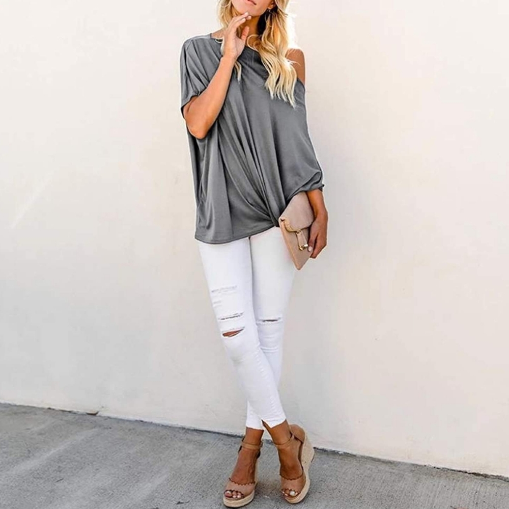 1 left! New Slouchy Off Shoulder Short Sleeve Tie Knot Blouse Top Shirt - Picture 5 of 9